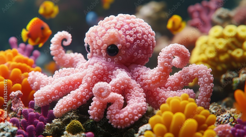 Obraz premium Pink octopus figurine in vibrant coral reef.