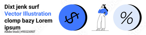 Businesswoman in blue contemplating symbols dollar in blue circle, percentage in light grey circle. Ideal for financial themes, budgeting, investments, loans, savings plans, economic reports