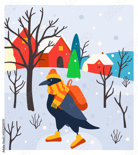 Winter cute rural landscape with raven in warm outfit in front. Vector illustration