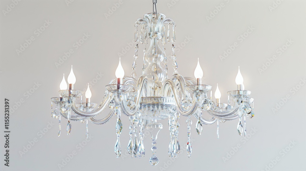 A majestic crystal chandelier with sparkling details, isolated on a clean white setting. A majestic crystal chandelier with sparkling details, isolated on a clean white setting.