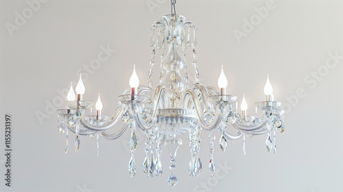 A majestic crystal chandelier with sparkling details, isolated on a clean white setting.