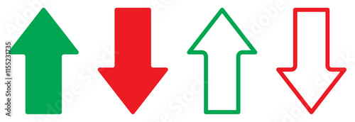 Simple up and down arrows green and red color isolated on a white background. Up and down arrow icons. Stock market graph up and down green and red color flat and outline style. Vector illustration.