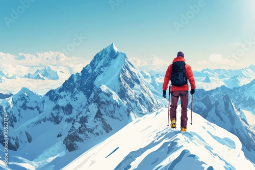 Wallpaper Mural Conqueror of Peaks: Traveler Trekking along Snowy Mountain Ridge on Sunny Day Torontodigital.ca