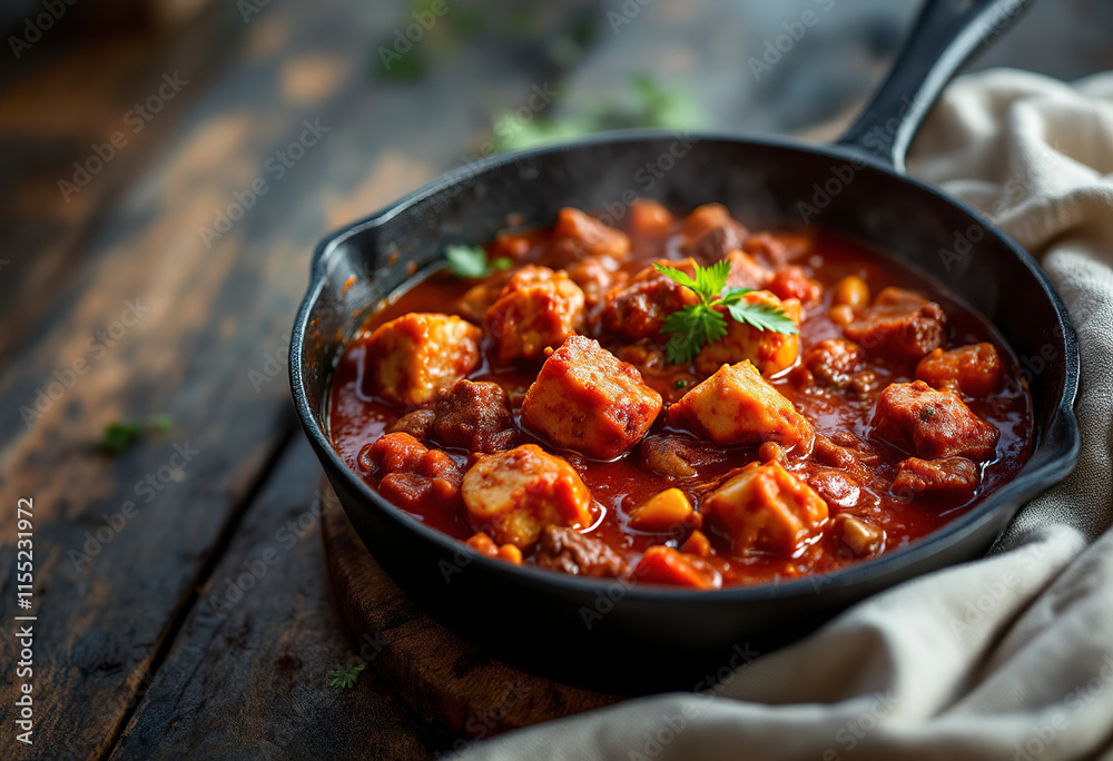 a cast iron skillet containing a rich, red goulash with chunks of meat a cast iron skillet containing a rich, red goulash with chunks of meat