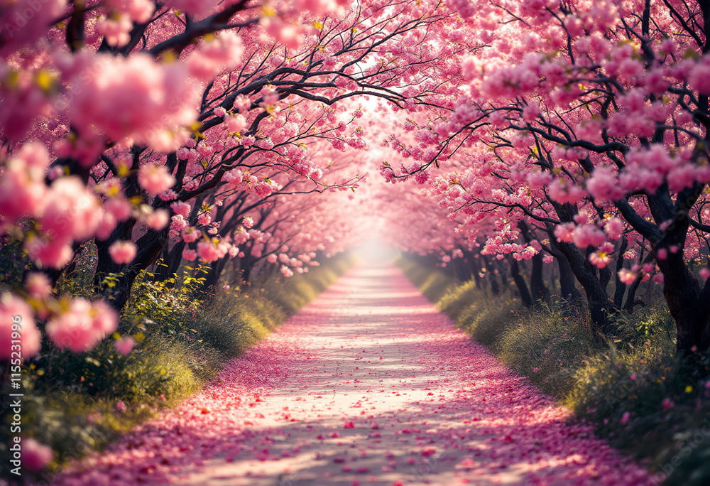 Naklejka premium A breathtaking scene of a pathway covered in vibrant pink blossoms