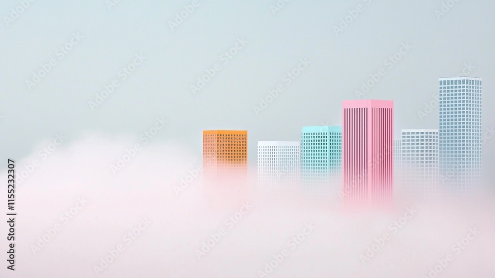 Fototapeta premium Colorful skyscrapers emerge from a soft layer of mist against a pale sky.