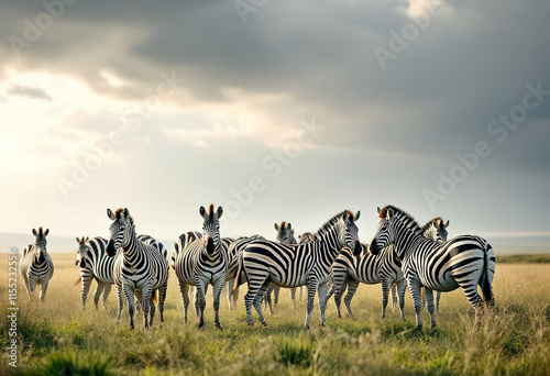 A herd of zebras standing in a grassy field with a cloudy sky in the background