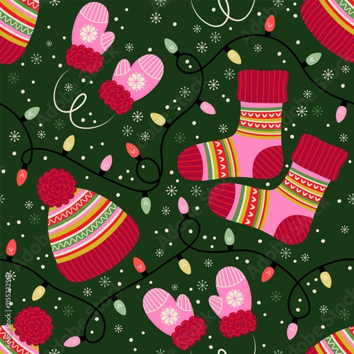 Seamless pattern with winter clothes, garlands and snowflakes. Vector illustration.