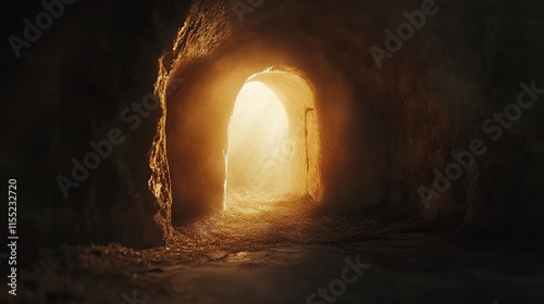 Jesus Christ Resurrection, Christian Easter Background. Empty tomb, resurrection Sunday.