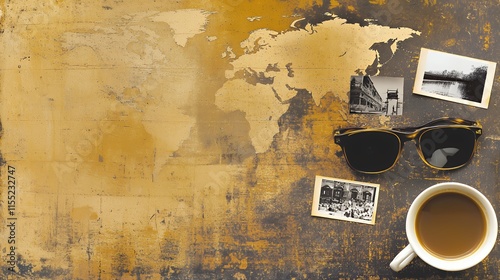 Travel Memories: A World Map with Vintage Photographs and Coffee