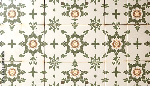 Elegant Green and White Floral Tile Pattern photo