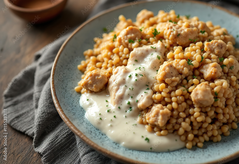 A photo of a plate containing cooked buckwheat boiled with chunks of chicken and a white creamy sauce A photo of a plate containing cooked buckwheat boiled with chunks of chicken and a white creamy sauce