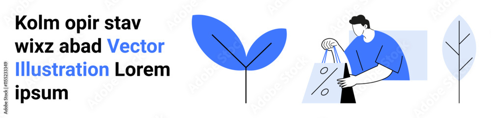 Man holding shopping bag possibly after buying groceries. Blue and grey leaves in minimalist background. Ideal for e-commerce, shopping, sustainability, online stores, mobile apps, eco-friendly Man holding shopping bag possibly after buying groceries. Blue and grey leaves in minimalist background. Ideal for e-commerce, shopping, sustainability, online stores, mobile apps, eco-friendly