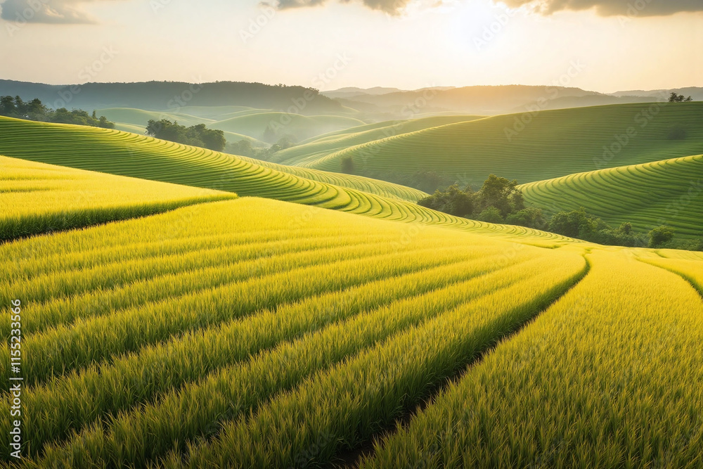 Fototapeta premium Early morning rural landscape crops field strips dew