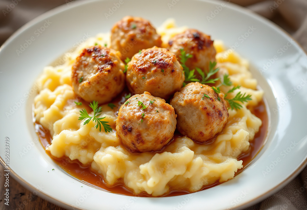 a plate with cooked chicken meatballs on top of mashed potatoes a plate with cooked chicken meatballs on top of mashed potatoes