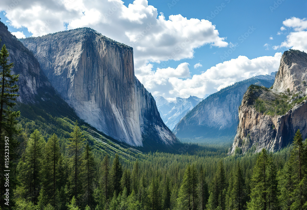 A scenic landscape of towering granite cliffs and mountains, with a lush green forest in the foreground A scenic landscape of towering granite cliffs and mountains, with a lush green forest in the foreground