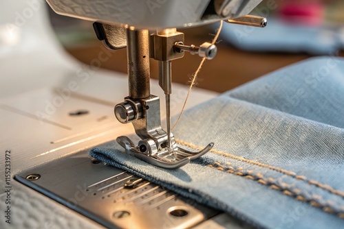 Detailed view of a sewing machine needle stitching denim fabric. Highlights craftsmanship, garment making, and industrial or home sewing processes photo