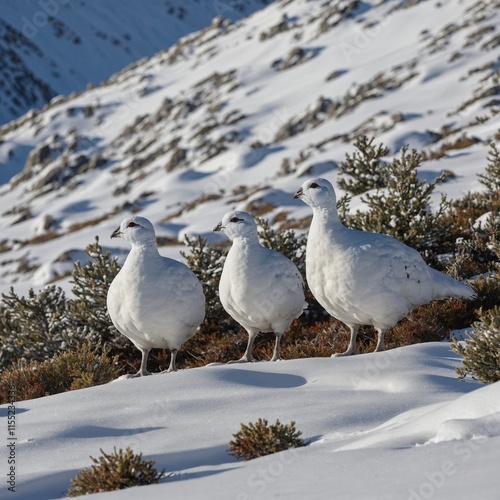 A group of ptarmigans camouflaged in the snowy mountains.
