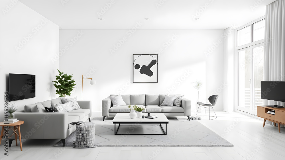 Fototapeta premium Minimalist modern living room in white tones. Generative AI
