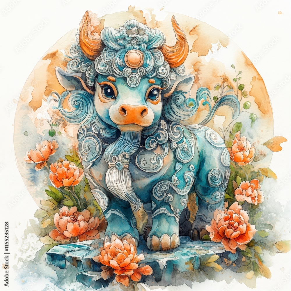 Celestial Blue Ox Mythical Creature Watercolor Painting Celestial Blue Ox Mythical Creature Watercolor Painting