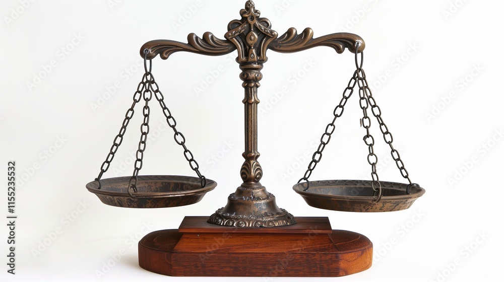 A pair of balanced scales symbolizing fairness, isolated on a bright white background. A pair of balanced scales symbolizing fairness, isolated on a bright white background.