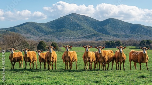 Reddish-brown sheep flock in a green pasture with mountains in the background.