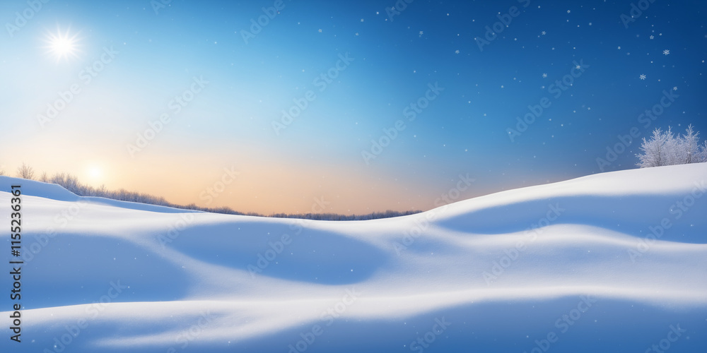 Winter snow background with snowdrifts, with beautiful light and snow flakes on the blue sky in the evening, banner format, copy space. Winter snow background with snowdrifts, with beautiful light and snow flakes on the blue sky in the evening, banner format, copy space.