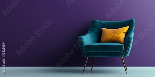 Photographer Chen Man's fashionable photography style features dark blue and turquoise velvet fabric armchairs, black legs with yellow pillows on the seat cushions.  photo