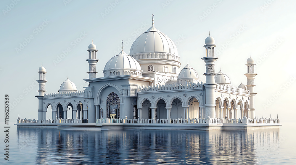 Obraz premium stunning 3D rendering of a pristine white mosque elegantly situated on tranquil water Its intricate design and domes reflect beautifully