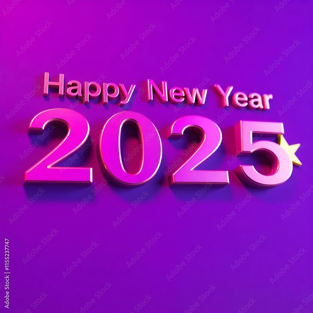 Modern Happy New Year 2025 Design with 3D Pink Numbers, Text and a Golden Star on a Purple Background, Simple and Stylish Graphic for Celebrations and Holiday Greetings Modern Happy New Year 2025 Design with 3D Pink Numbers, Text and a Golden Star on a Purple Background, Simple and Stylish Graphic for Celebrations and Holiday Greetings