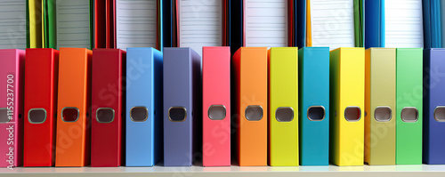 Colorful binders lined up on a shelf, showcasing a vibrant array of storage solutions in an organized setting