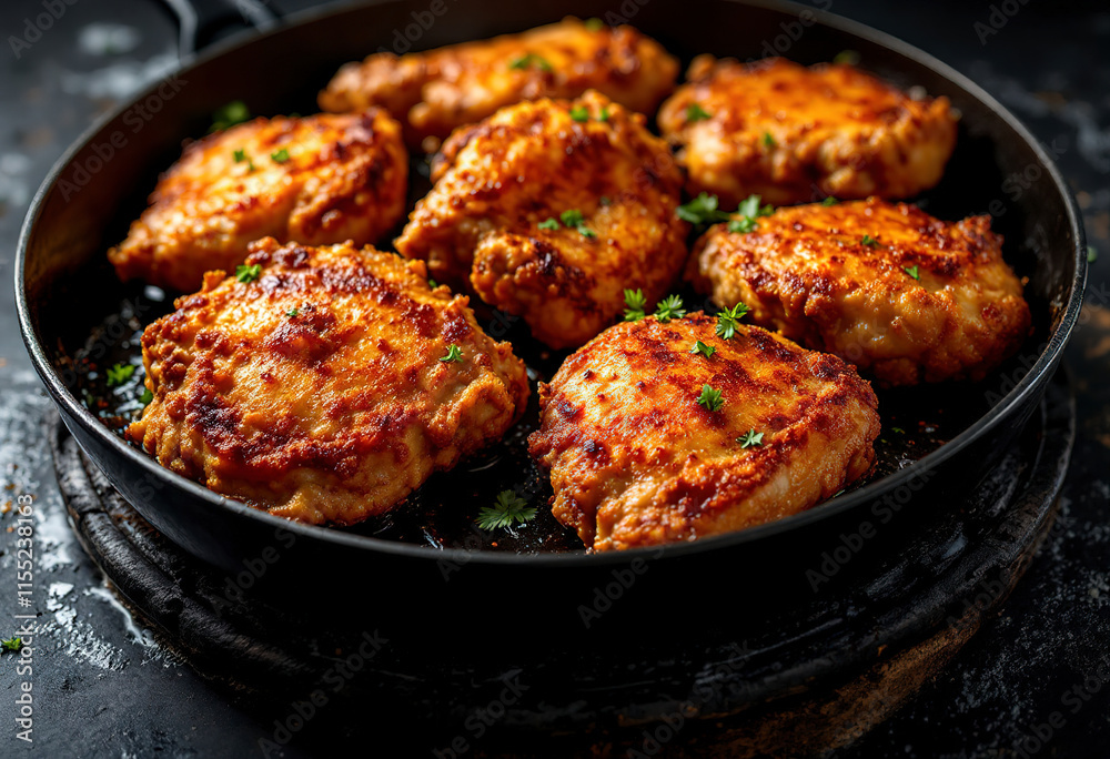 A black background photo of fried bbq chicken meat in a pan A black background photo of fried bbq chicken meat in a pan