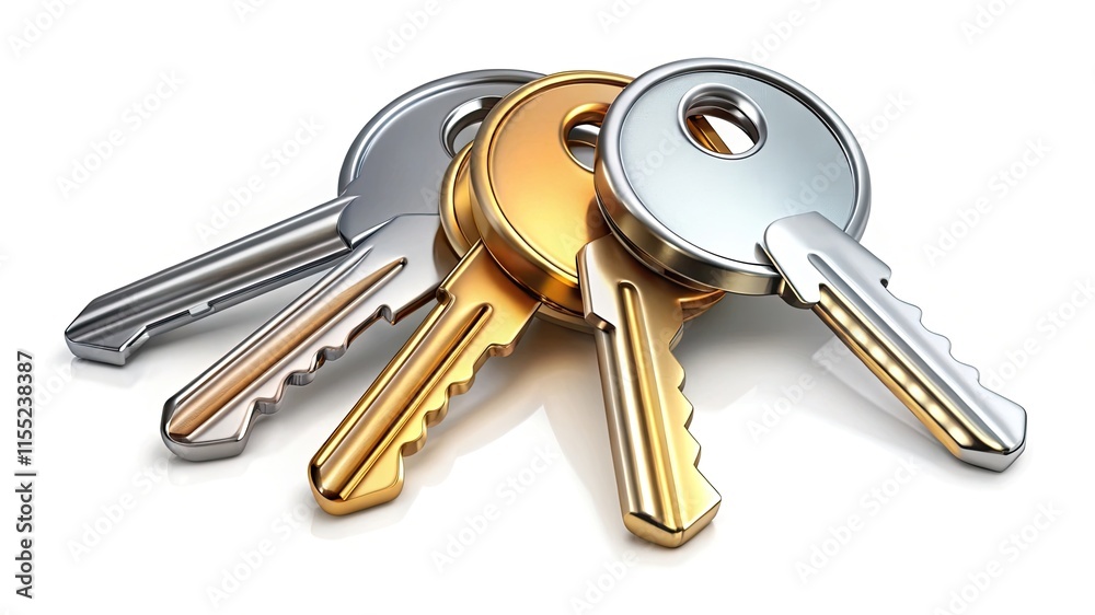 A shimmering silver key ring with a bunch of metallic keys, promising access and security to homes and businesses A shimmering silver key ring with a bunch of metallic keys, promising access and security to homes and businesses