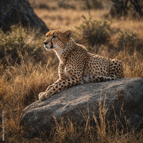 A cheetah lounging on a rock in a savannah-like forest clearing.