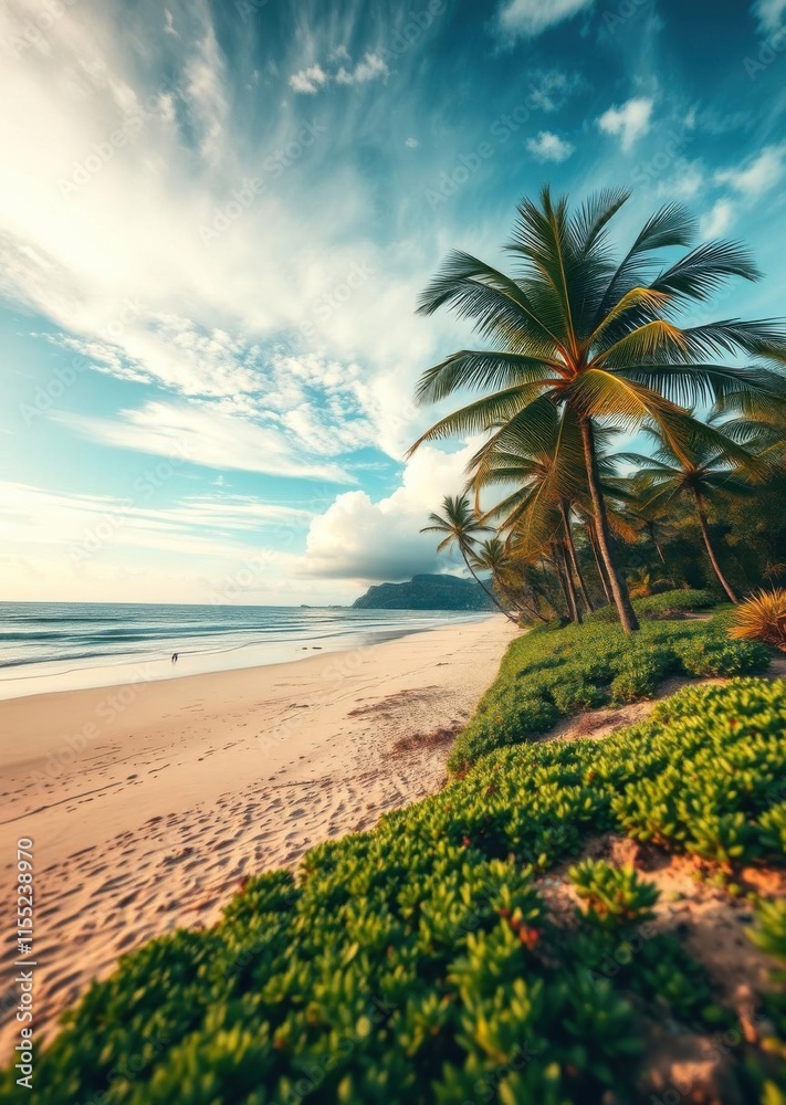 Obraz premium Beach with beautiful coastline palm trees beach wallpaper summer wallpaper beach background tropical nature