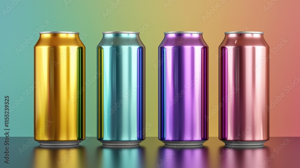 Four metallic cans in gold, teal, purple, and rose gold on a gradient background. Four metallic cans in gold, teal, purple, and rose gold on a gradient background.