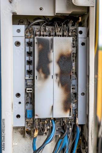 Burned electrical panel showing short circuit damage and melted components