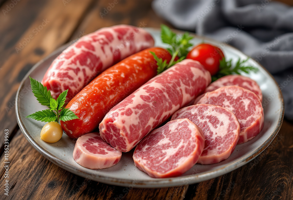 A photo of a plate with an assortment of raw pork and beef sausages A photo of a plate with an assortment of raw pork and beef sausages