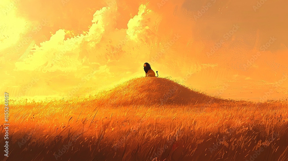Fototapeta premium a lion sits in the savannah at sunset