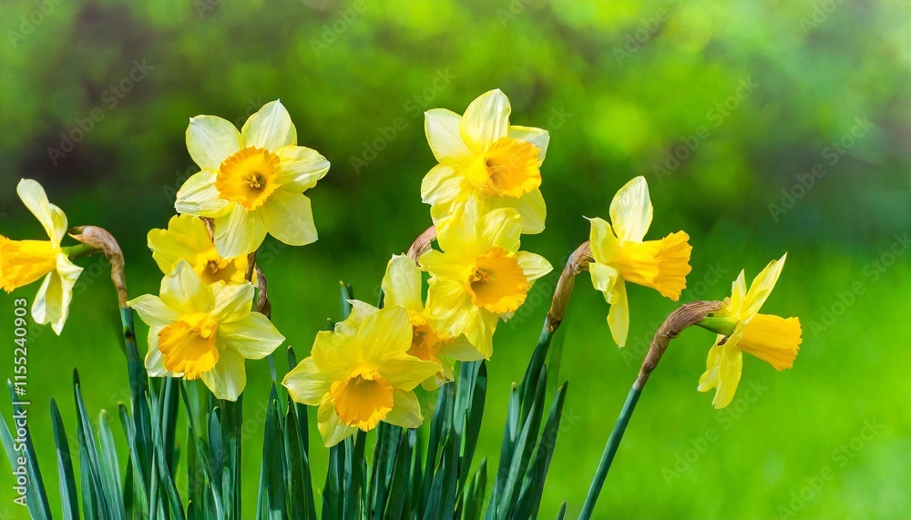 Bright yellow daffodils against a vibrant green backdrop Bright yellow daffodils against a vibrant green backdrop