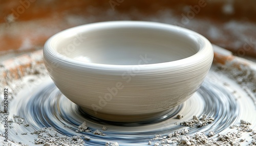 Ceramic Bowl Taking Shape on Potter s Wheel, Surrounded by Clay Shavings, Detail View. photo