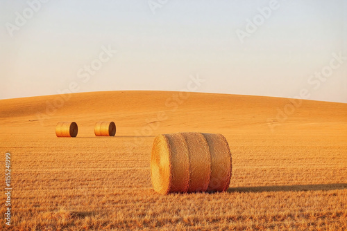 Open field hay bales dry grass slope background photo