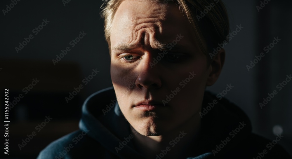 Pensive caucasian young male in shadows contemplating Pensive caucasian young male in shadows contemplating