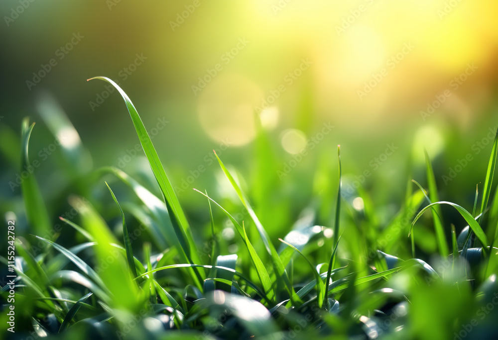 Fototapeta premium Green grass blurred abstract green background with highlights