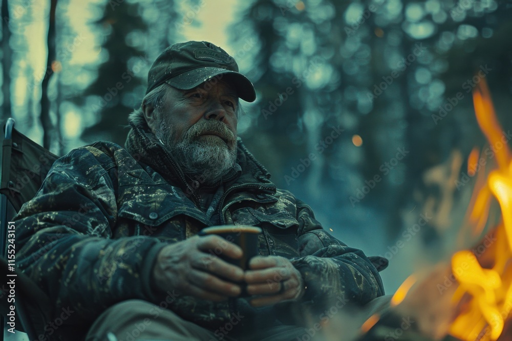 A retired man in a camo jacket sits by a campfire in a forest, enjoying a cup of coffee. The scene is calm and reflective, with a moody atmosphere. A retired man in a camo jacket sits by a campfire in a forest, enjoying a cup of coffee. The scene is calm and reflective, with a moody atmosphere.