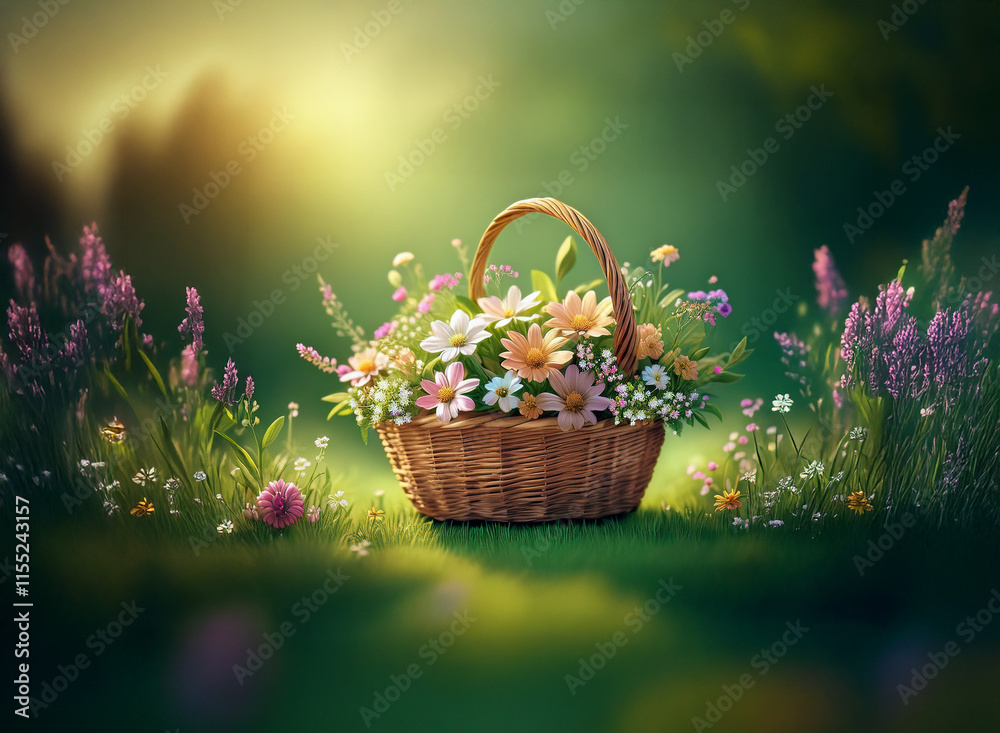 A rustic woven basket overflowing with wildflowers sits in a vibrant, sun-drenched meadow. The soft light enhances the colors of the blossoms and surrounding greenery. A rustic woven basket overflowing with wildflowers sits in a vibrant, sun-drenched meadow. The soft light enhances the colors of the blossoms and surrounding greenery.