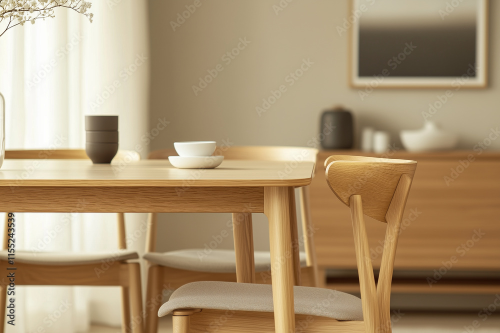 A beige sofa and chairs surrounding a light oak wooden table near a large window. Large living room decoration A beige sofa and chairs surrounding a light oak wooden table near a large window. Large living room decoration