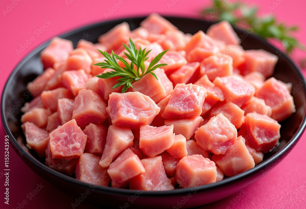 pork chopped into small pieces in a black plate on a bright colored background pork chopped into small pieces in a black plate on a bright colored background