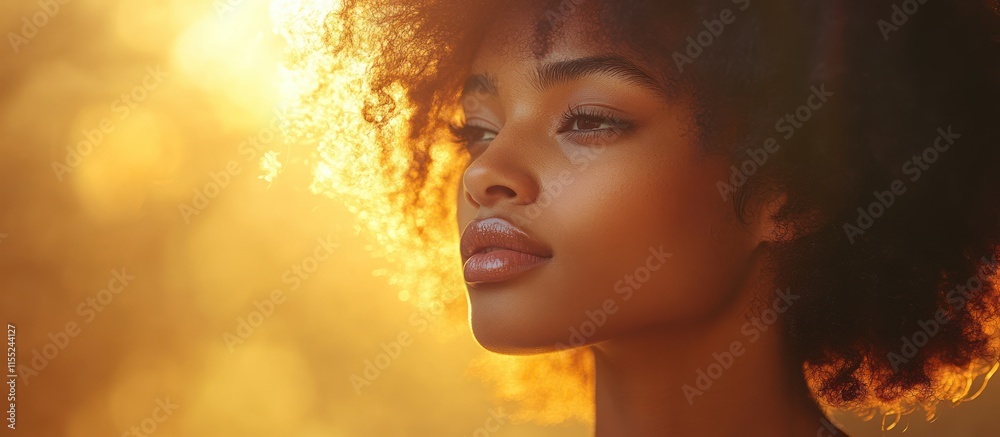 Fototapeta premium Woman with afro backlit by golden light.
