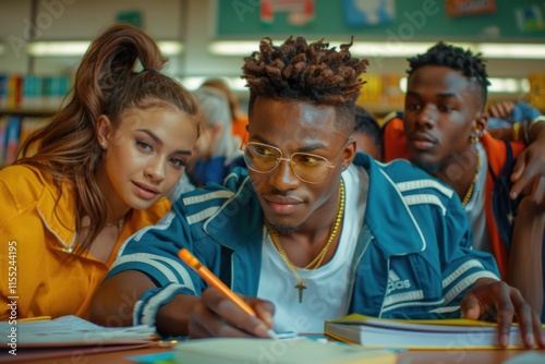 Young people of diverse backgrounds are gathered at a table, collaborating eagerly while working on a project in a vibrant setting.